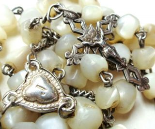 Antique Mother Of Pearl Rosary With Silver Heart Medal & Crucifix
