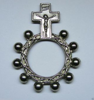† Vintage " Crown Of Thorns " Silver Single Decade Finger Pocket Rosary 1 3/4 " †