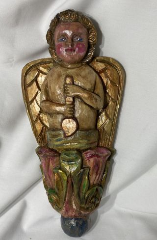 Vintage Hand Carved & Painted Wood Angel Cherub Santos 16 " Tall Wall Plaque