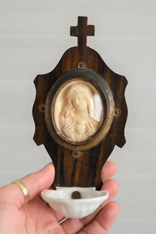 ⭐ Antique French Holy Water Font,  Meerschaum Sculpture Virgin Mary,  19 Th C⭐