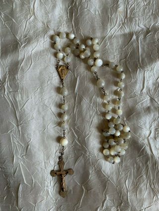 Antique French Rosary - Mother Of Pearl Beads And Gold Tone Metal Cross