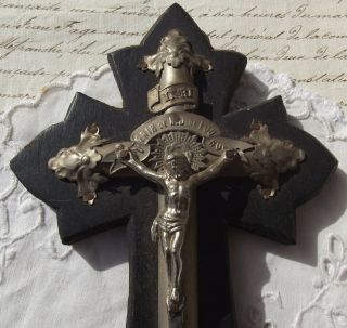 Antique French Crucifix Shrine Cross Gothic Holy Water Font Lourdes Insignia