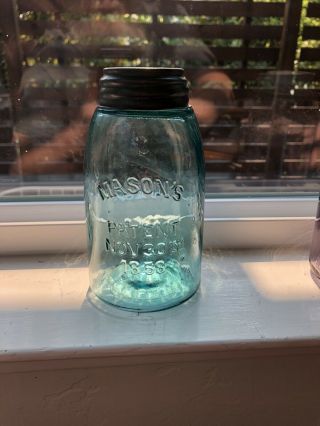 Rich Aqua “leaning” Mason’s 1858 Midget Pint Fruit Jar