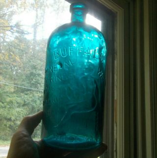 Rare Deep Teal Blue Buffalo Mineral Springs Water Bottle Emb Woman With Pitcher