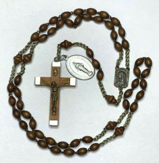 † Vintage Our Lady Of Lourdes Pilgrimage Wood Rosary Miraculous Medal 26 " †
