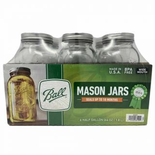 Ball Wide Mouth Canning Mason Jars,  Half Gallon Glass Jar,  64oz,  Pack Of 6