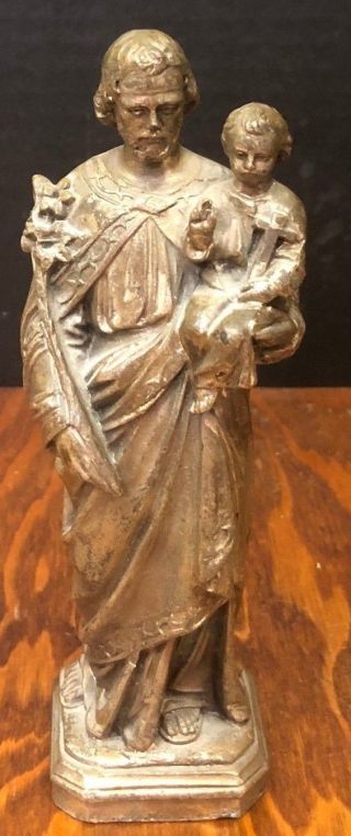 Antique Dsr France St.  Joseph Holding Baby Jesus Figurine Spelter Metal Bronze