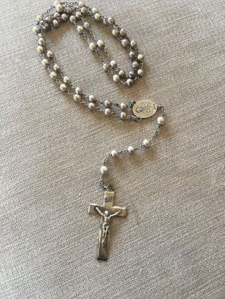 Vintage 1940’s Solid Sterling Silver Smooth Beads Rosary Necklace Beaded 21 Gram