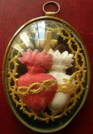 Ex Voto Of The Sacred Heart/ Splendid Nunswork Reliquary End Of The 19th Century