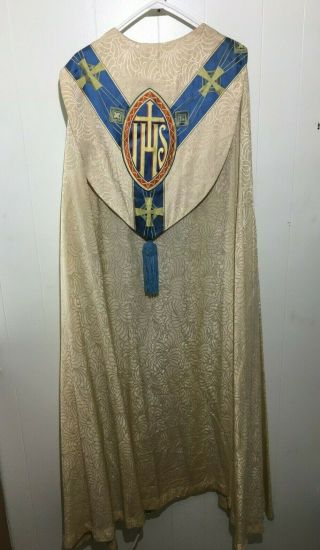 Vintage White Cope With Blue And Gold Banding,  Vestment