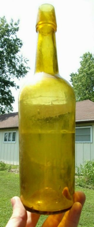 Yellow Colored Cylinder Whiskey Bottle Applied Lip 1870 