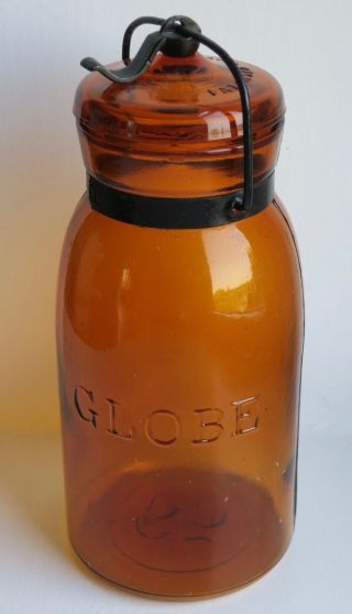 Amber Globe Quart Fruit Jar With Correct Closure (good Paint)