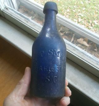 Charleston,  Sc Cobalt Blue Iron Pontil A.  P.  Smith Soda Bottle Pre Civil War Era