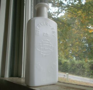 Rare Milkglass Iowa City Boerner Fry Co Emb Bottle W/original Rose Bloom Label