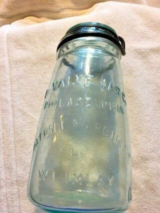 The Valve Jar Co.  Philadelphia Patent March 10th 1868 W.  L.  Imlay Quart Aqua Jar