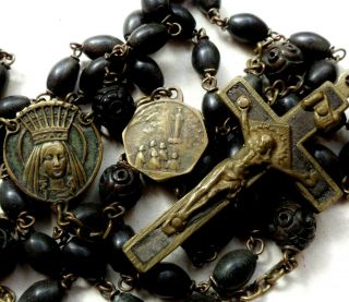 Great Antique Wooden Rosary To Our Lady Of Beauraing & Ebony,  Bronze Crucifix