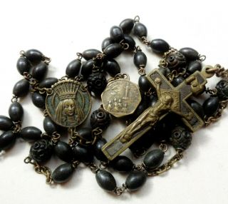 GREAT ANTIQUE WOODEN ROSARY TO OUR LADY OF BEAURAING & EBONY,  BRONZE CRUCIFIX 2
