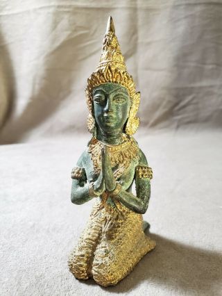 Antique Thai Praying Buddha Figurine Brass Bronze Gilt Metal Statue