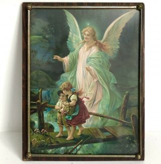 The Guardian Angel Wood Plaque Glass Picture 13” Children Vtg Antique Print