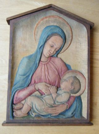 Antique Virgin Mary & Baby Jesus Relief Carved Wood Wall Plaque Panel,  Dpsg