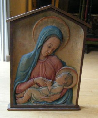 Antique Virgin Mary & Baby Jesus Relief Carved Wood Wall Plaque Panel,  DPSG 2