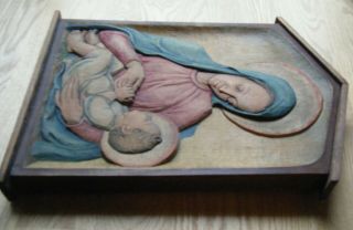 Antique Virgin Mary & Baby Jesus Relief Carved Wood Wall Plaque Panel,  DPSG 3