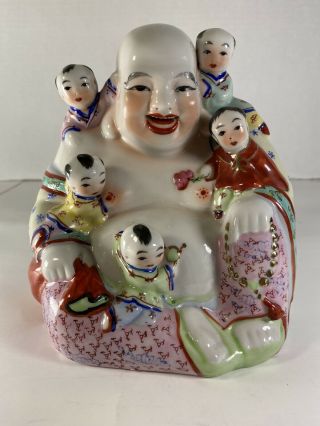 Vintage Chinese Porcelain Laughing Buddha Figure With Children 6”