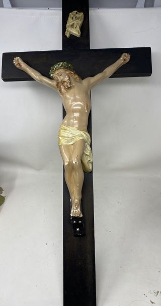 Large 28 " Jesus On The Cross Wood Ceramic Wall Hanging Crucifix Inri Vintage