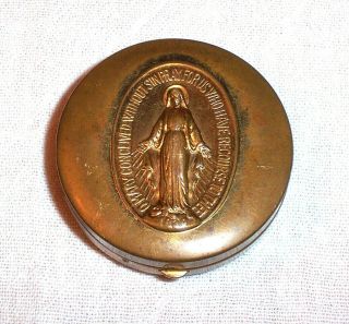 Vintage Brass Pyx Round Hinged Box Catholic Blessed Virgin Mary Holy Communion