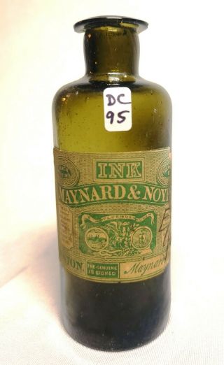 Maynard & Noyes Ink - Boston - Pontiled Olive Utility With Label,  C.  1840 - 1850