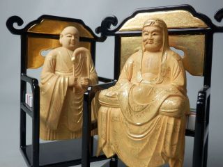 Japanese H13.  5cm 5.  3 " Buddhist Pair Monk Dogen Daruma Buddha Statue Wood Gold