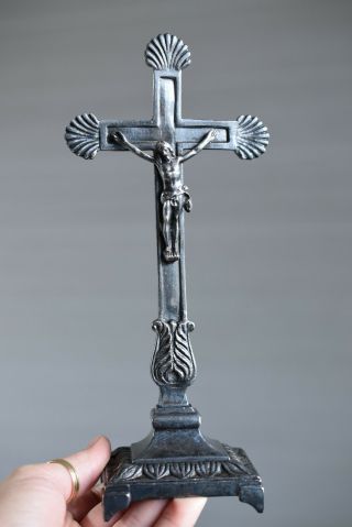 ⭐ Antique French Religious Cross,  Crucifix Silver - Plated Bronze 18th Century⭐