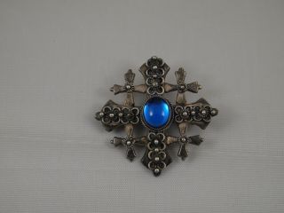 Vintage 900 Silver Jerusalem Cross Pendant Pin Blue Stone