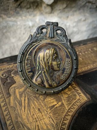 Antique Ruffony Virgo Maria Medal France Catholic Virgin Mary Stand Bronze