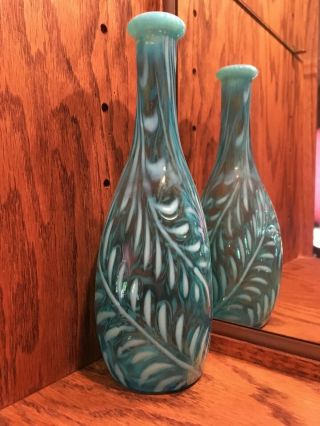 Sapphire Opalescent Art Glass Fern Pattern Barber Bottle