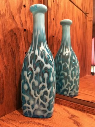Sapphire Blue Opalescent Art Glass Seaweed Pattern Barber Bottle