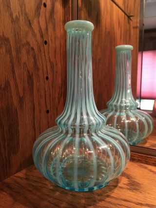 Sapphire Blue Opalescent Art Glass Striped Pattern Barber Bottle
