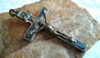 Antique C.  19th Century Catholic Crucifix Copper Metal Alloy With Black Inlay