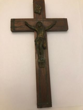 Crucifix 10” Wood With A Bronze Jesus Christ Inri Sign Church French Antique