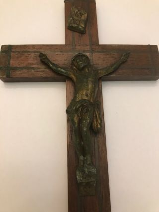 CRUCIFIX 10” WOOD with a BRONZE Jesus Christ INRI Sign Church French Antique 2