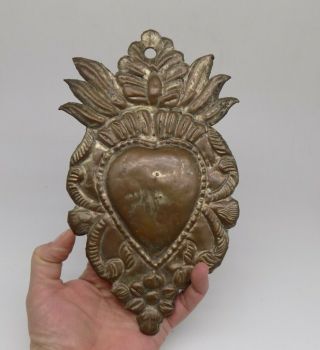Antique Old Sacred Heart Jesus Ex Voto Miracle Milagro Big Metal Copper A - 5