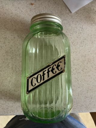 Large 40 Oz.  Hoosier Green Ribbed Coffee Depression Glass Canister Jar - 8 "