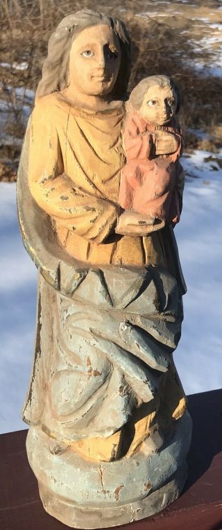 14 " Antique Hand Carved Wood Spanish Virgin Mary Madonna Jesus Statue Glass Eye