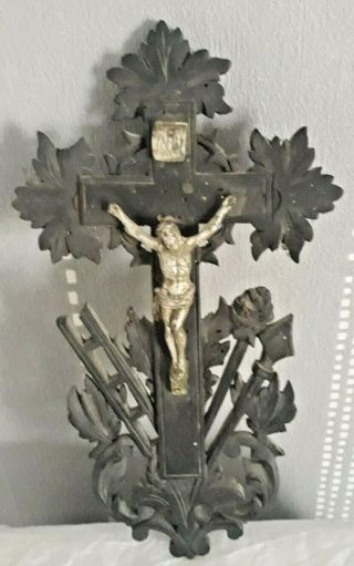 Antique French Cross Wood Carved Black Forest Crucifix Religious Christ 19th