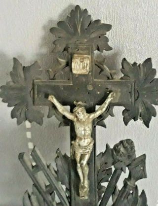 Antique French Cross Wood Carved Black Forest Crucifix Religious Christ 19th 2