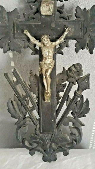 Antique French Cross Wood Carved Black Forest Crucifix Religious Christ 19th 3