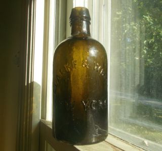 1850s Rough Pontil Clarke & White York Olive Amber Pint Mineral Water Bottle