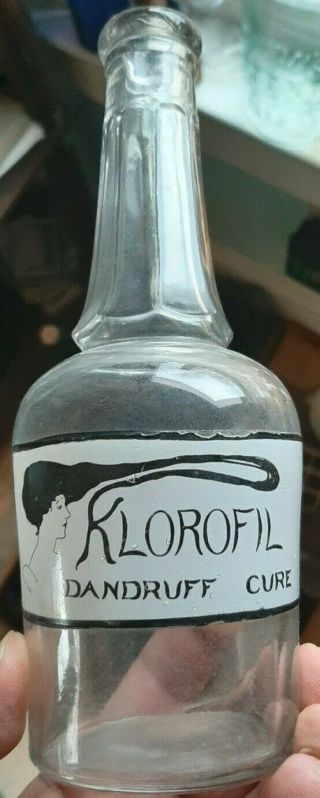 Scarce Klorofil Dandruff Care Label On Glass 1890 Hair Bottle Charles City Iowa