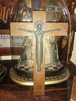 Antique Wood Cross Crucifix Bronze Art Deco Jesus Crist Corpus Wall Hanging 2