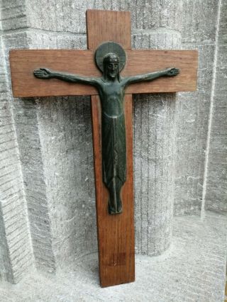 Antique Wood Cross Crucifix Bronze Art Deco Jesus Crist Corpus Wall Hanging 3